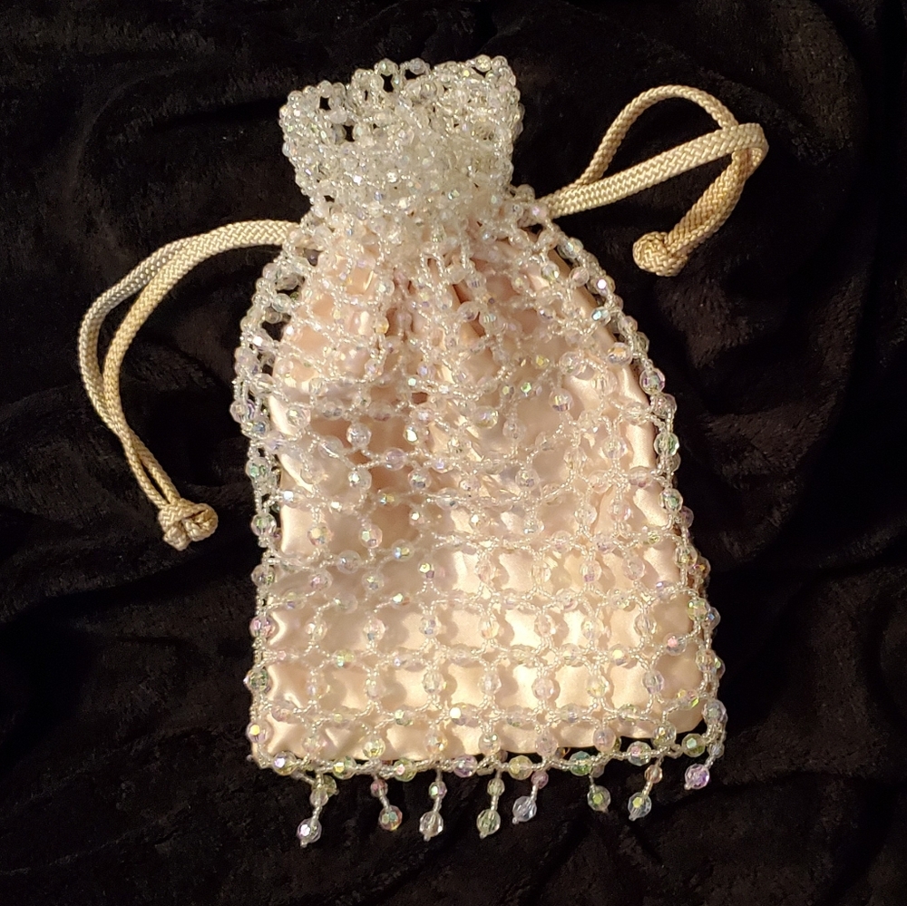 Elegant Cream Beaded Drawstring Bag
